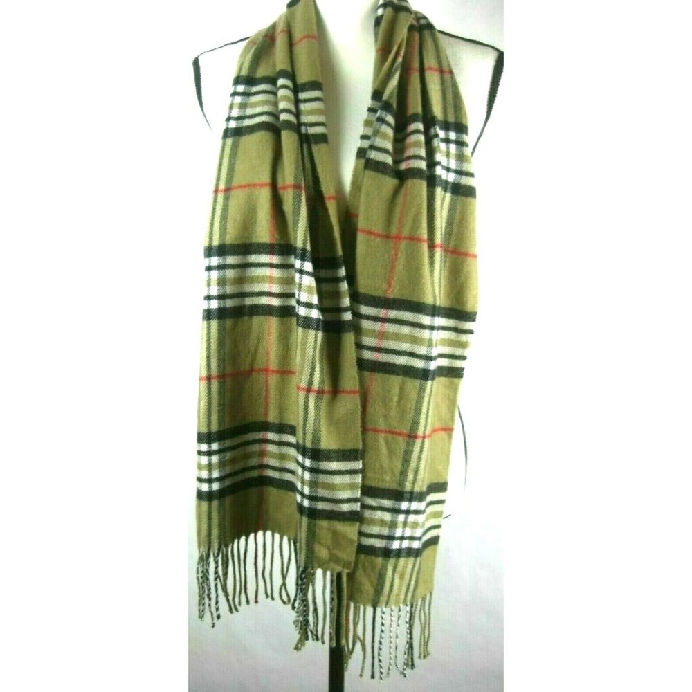 Cashmere Feel Scarf Plaid Tartan Soft Acrylic Fringe 72 x 12" Beige Winter Wear